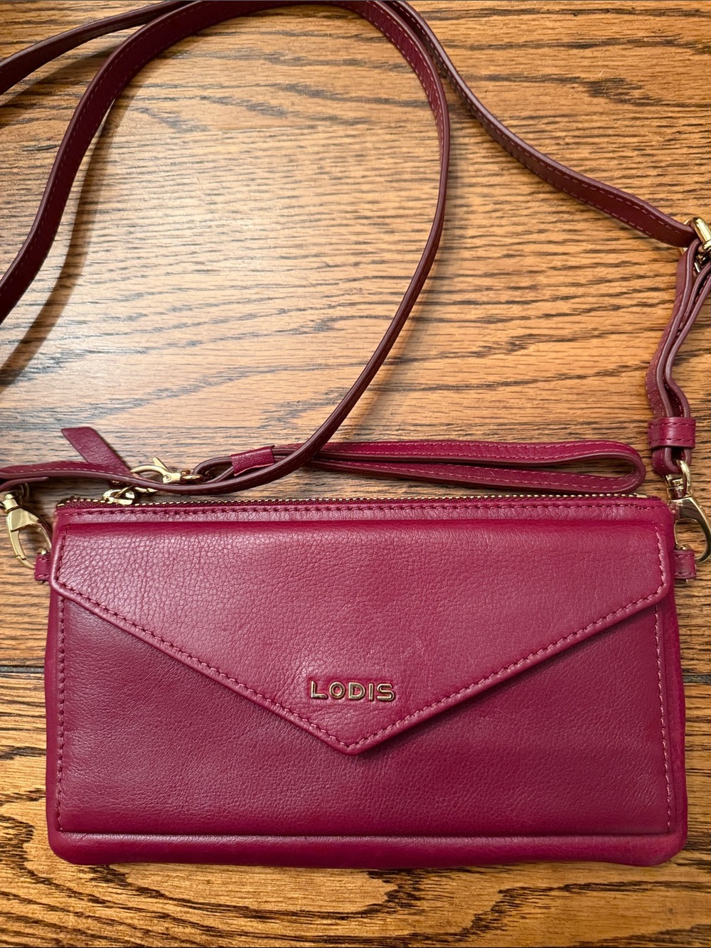 Lodis Leather RFID Wallet Crossbody Wristlet Berry Wine Leather Purse